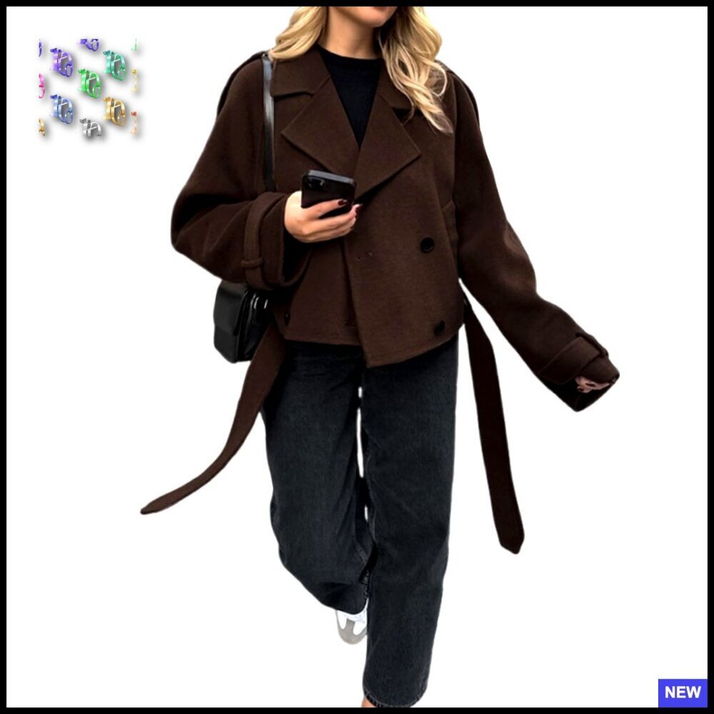 Cropped Wool Pea Coat Double Breasted Belted Notched Lapel Trench Chic